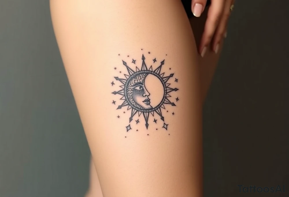 celestial sun and moon embrace with constellation patterns tattoo idea