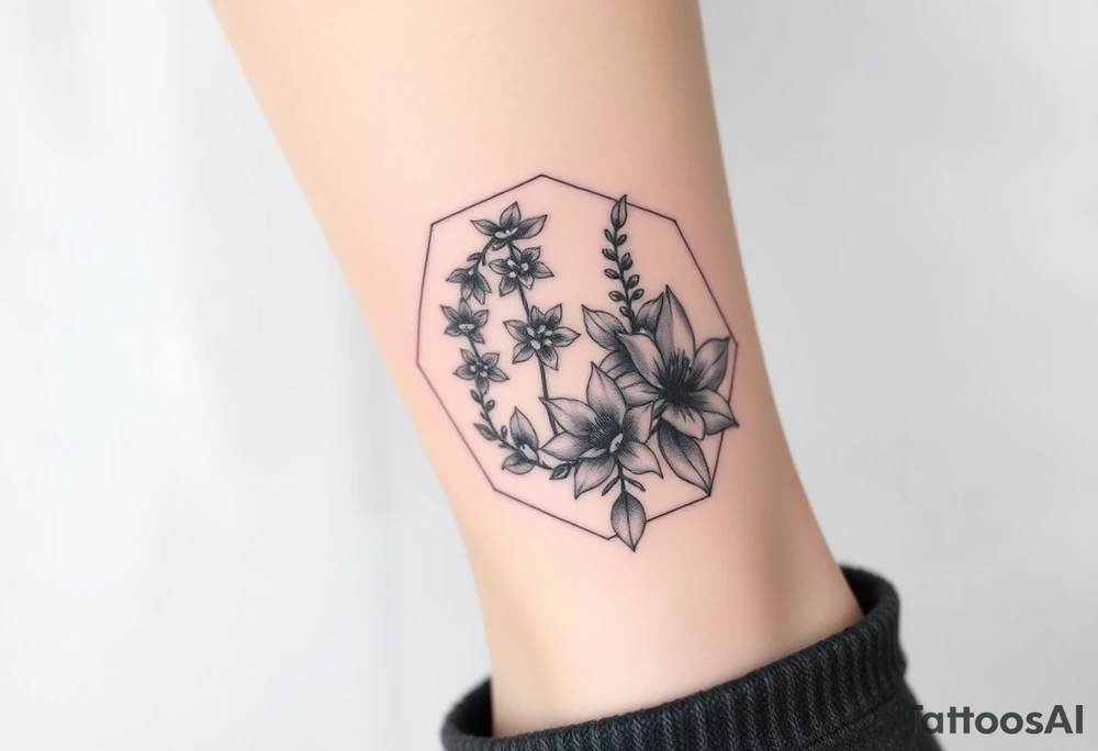 Hexagon Leo larkspurs and water lilies tattoo idea
