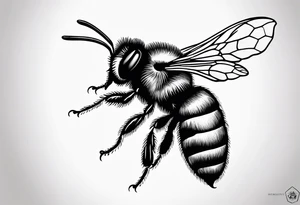 flying bee flying, side view, "10X" text below it, flying bee, bee in flight tattoo idea