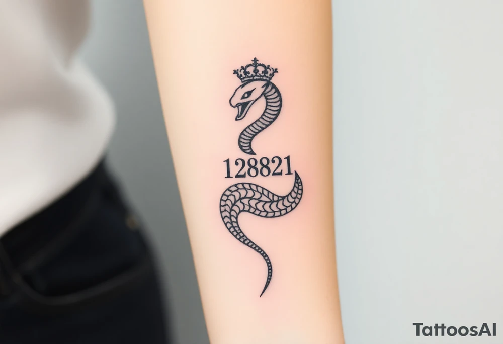 I want a small simple silhouette lines black and white wrist majestic royal snake tattoo that has number 12821 on its body along and also I want it to represent feminine energy crown queen Cycle tattoo idea