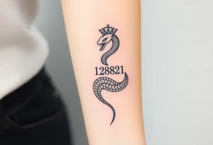 I want a small simple silhouette lines black and white wrist majestic royal snake tattoo that has number 12821 on its body along and also I want it to represent feminine energy crown queen Cycle tattoo idea