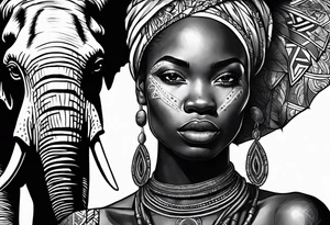 African woman warrior with tribe scars and spear in hand with elephant in background tattoo idea