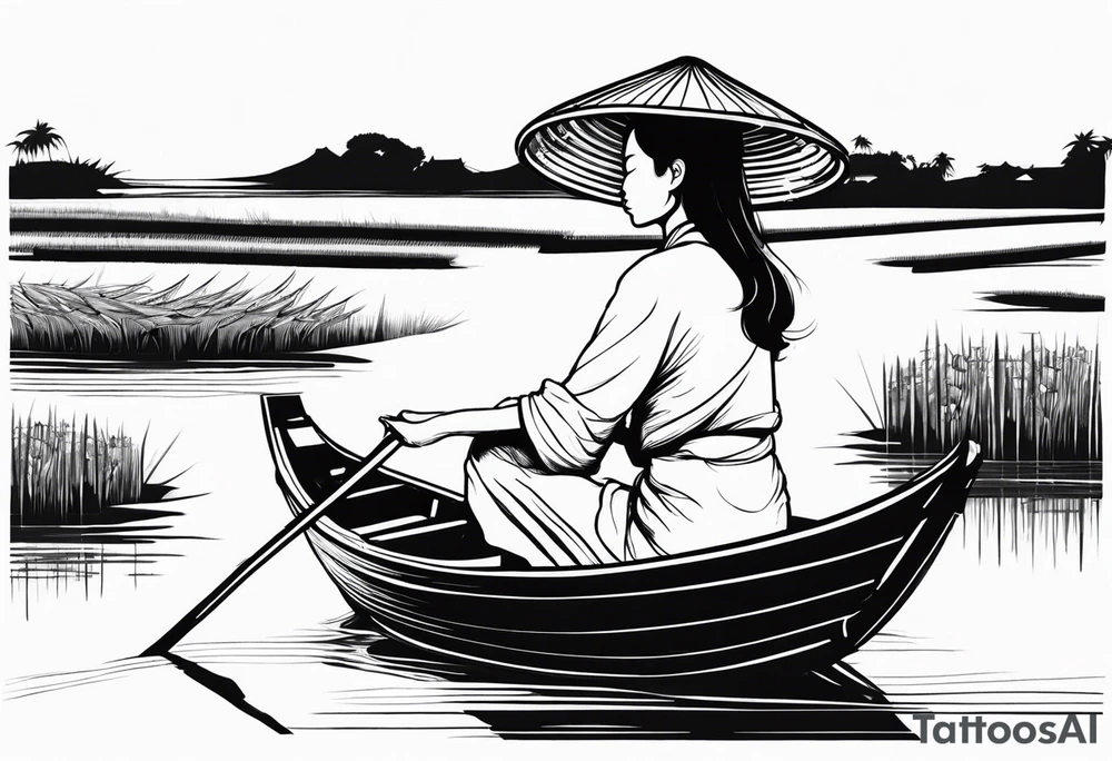 vietnamese lady on boat rice fields water tattoo idea