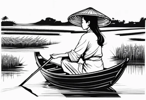 vietnamese lady on boat rice fields water tattoo idea