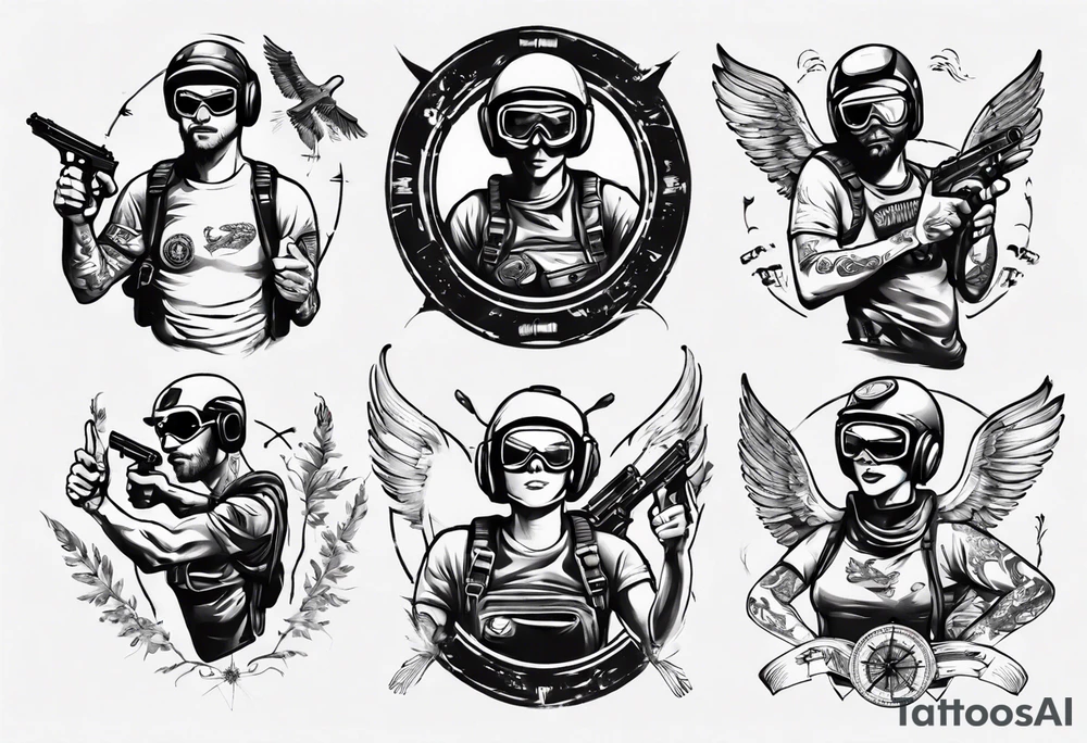 skydiving, shooting guns, compass, adventure tattoo idea