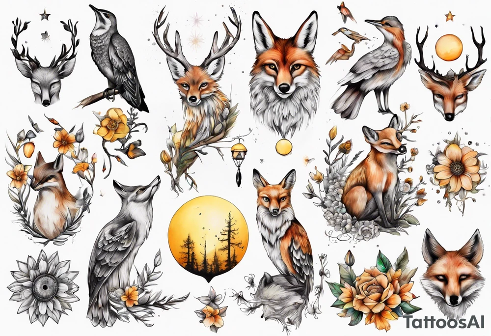 wasser, sonne, mond, fuchs, eule kolibri, wald, hirsch, blume des lebens, 
baum, berlin tattoo idea