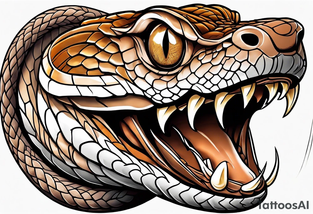 Copperhead coiled up with head turned up and mouth open and copper colored eyes tattoo idea