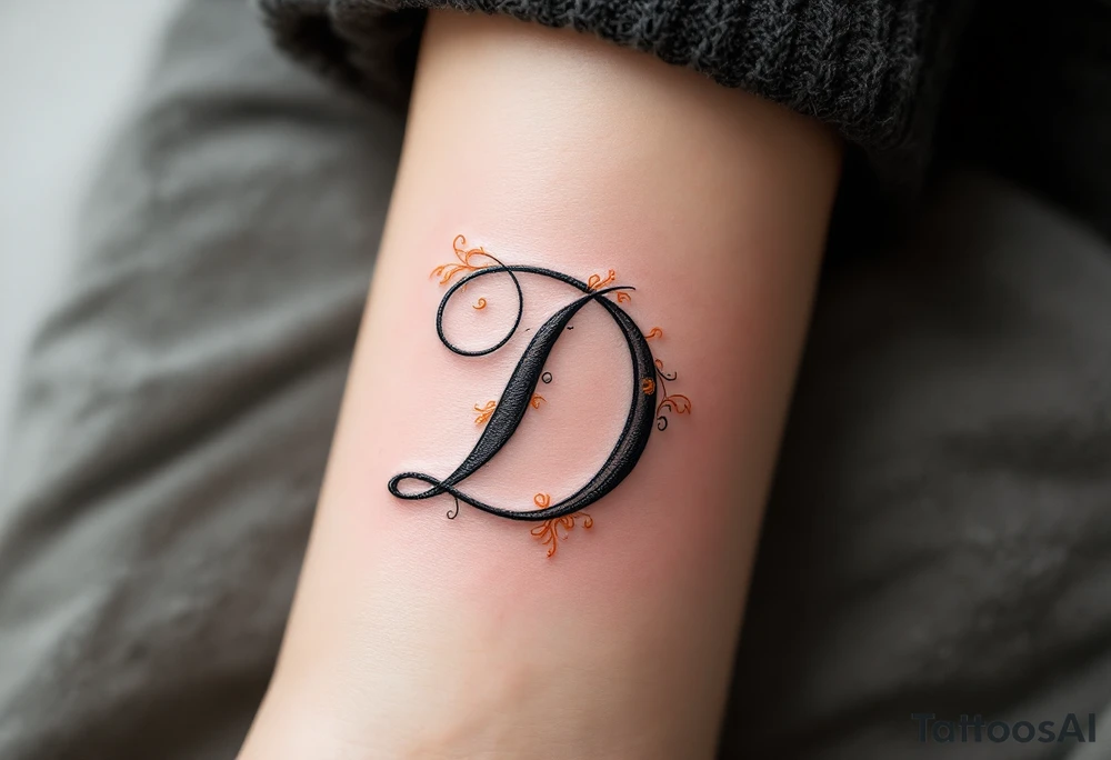 Elegant Script D – A flowing cursive letter D in black ink with delicate orange filigree details wrapping around the curves. tattoo idea