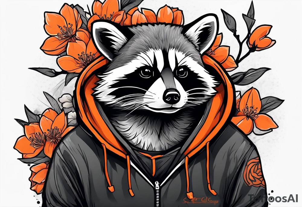 Raccoon wearing a white Superman logo on a black hoodie and orange Japanese cherry blossoms tattoo idea