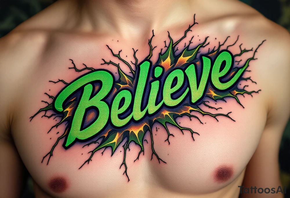 "Believe" in green, surrounded by crackling energy lines, symbolizing growth and breaking free from doubts. tattoo idea