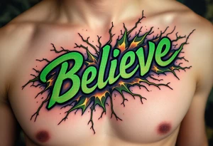 "Believe" in green, surrounded by crackling energy lines, symbolizing growth and breaking free from doubts. tattoo idea
