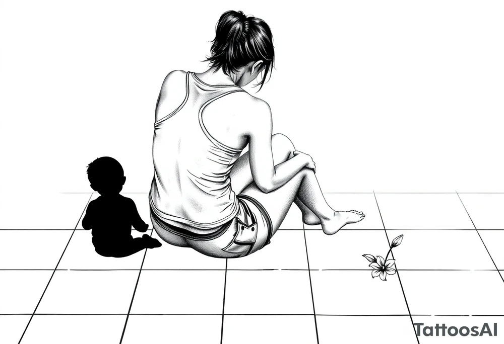 a tile floor with a realistic silhouette of the back of a thin woman sitting curled on the tile floor and a black silhouette of a young child sitting next to her with a lily next to them on the floor. The woman is wearing a Racerback tank top, running shorts, has dark hair pulled up high, and her head is down. tattoo idea