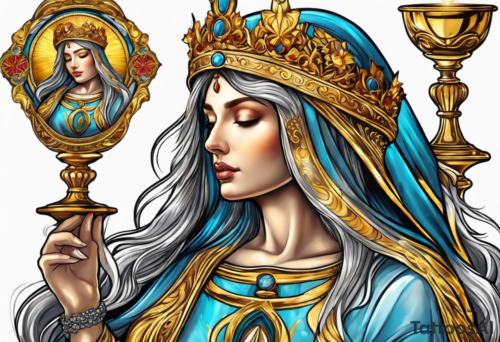 holy saint woman with golden halo holding a chalice tattoo idea