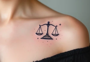 A stylized set of scales rests over a navy Libra star constellation with tiny stars in pastel pink. tattoo idea