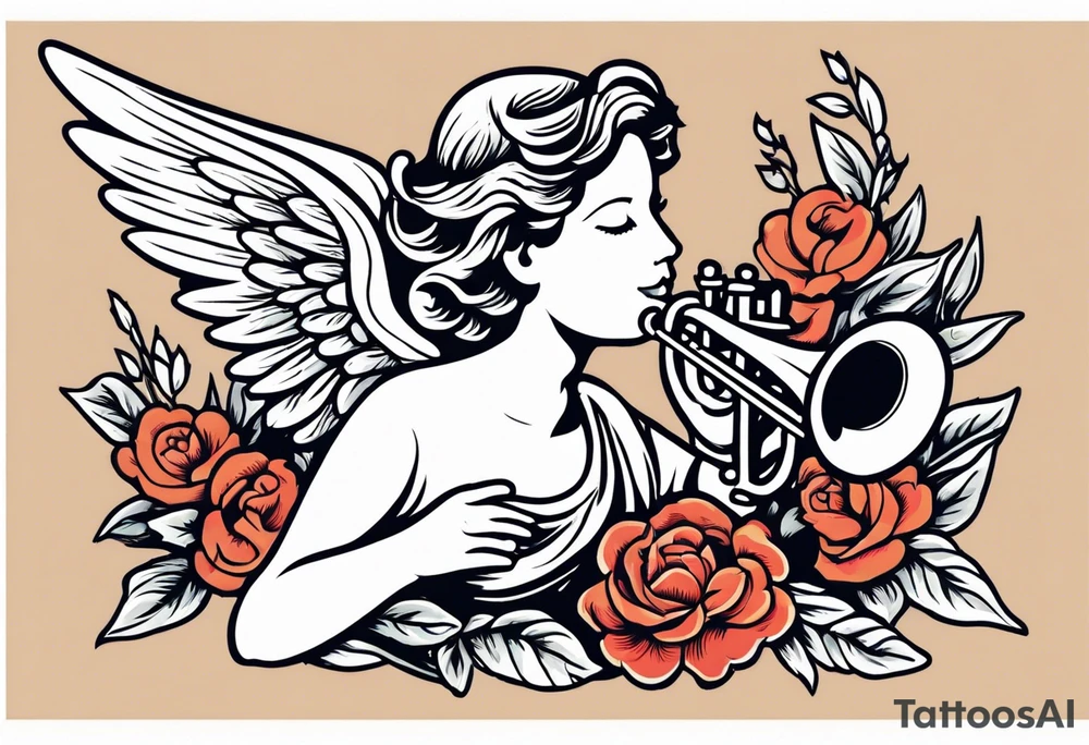 angel with trumpet
old school vintage simple traditional design with vintage flowers surrounding it bold color simple tattoo idea