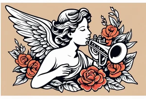 angel with trumpet
old school vintage simple traditional design with vintage flowers surrounding it bold color simple tattoo idea