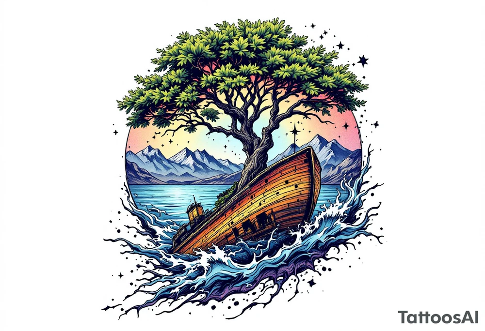 tattoo that has an acacia tree with mountains, ocean with a ship wreck and the northern star tattoo idea