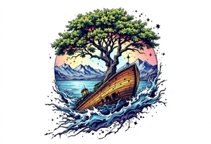 tattoo that has an acacia tree with mountains, ocean with a ship wreck and the northern star tattoo idea
