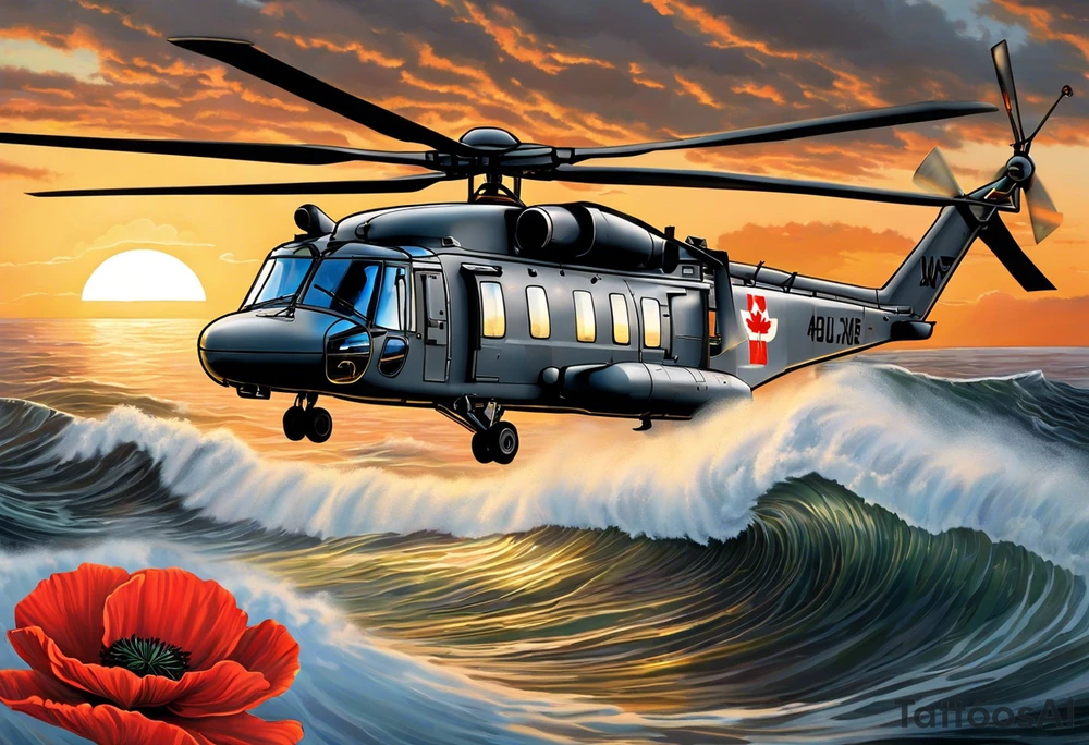 Canadian military grey CH-148 Cyclone helicopter soaring low over rough, ocean waves. The sun is setting, casting a dramatic glow on the scene with realistic clouds and a specular reflection of the helicopter on the water. The helicopter should be the main focus, with intricate details and a sense of motion. In the background, a poppy be prominently displayed tattoo idea