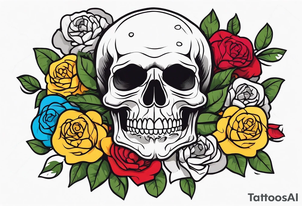 Gray skull smiling on bed of colorful roses tattoo idea