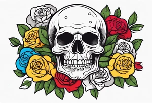 Gray skull smiling on bed of colorful roses tattoo idea