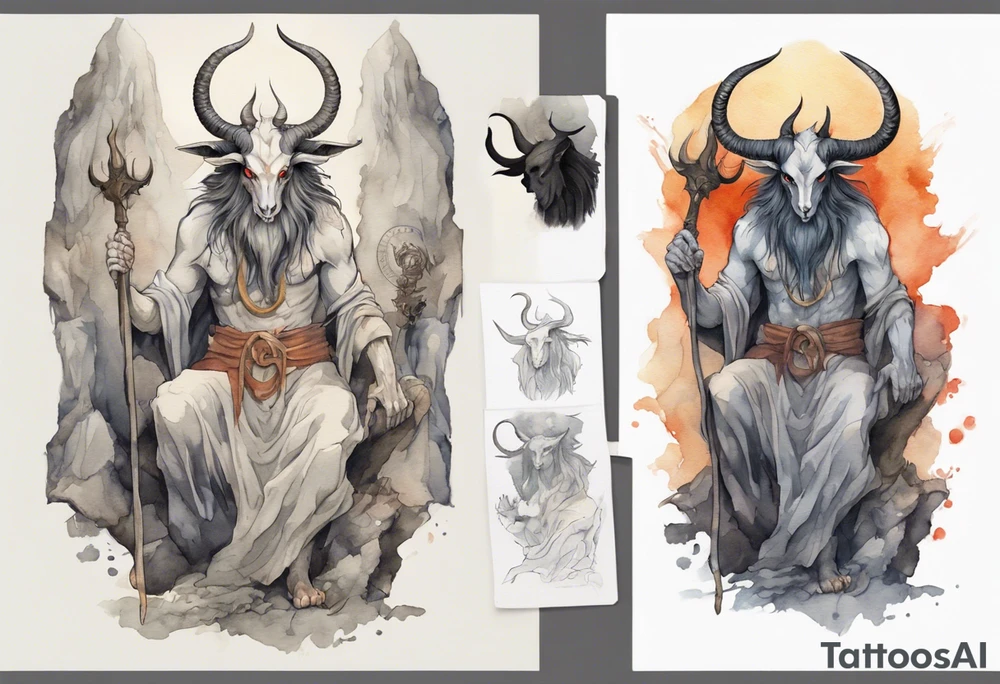 a broad-shouldered Baphomet wearing a grey tunic standing before a cave tattoo idea