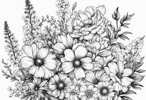 Small sketched bouquet of flowers larkspur carnation daisy primrose tattoo idea