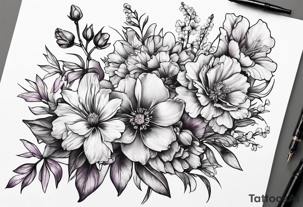 Tattoo of a floral Bouquet with larkspur with stem, carnation with stem, violet, with stem, daisy with stem tattoo idea