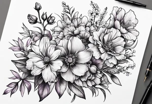 Tattoo of a floral Bouquet with larkspur with stem, carnation with stem, violet, with stem, daisy with stem tattoo idea