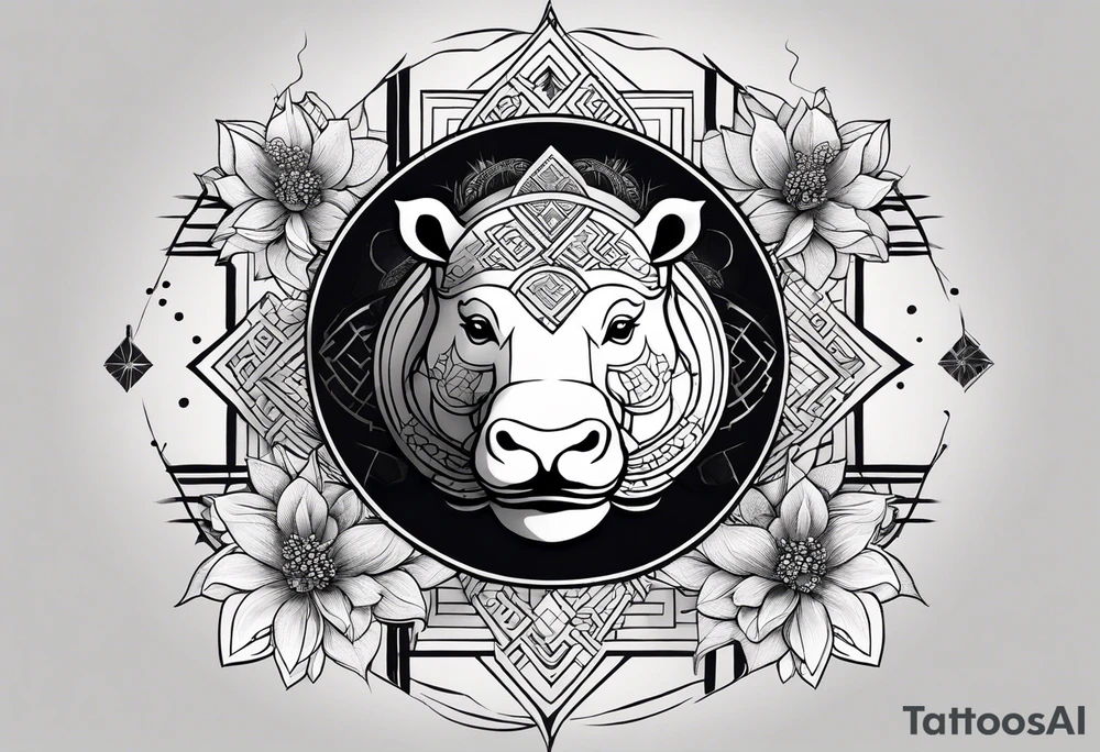 Very asymmetrical, +geometric pattern, with realistic full moon, with serious looking hippo, +zen feel, + Buddhism touch, +tribal, +geometric, +chinese inkart 
with wintersweet flower bud, +portrait orientation, +inkart touch, tattoo idea