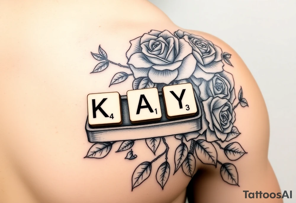 Tattoo on left shoulder
Predominant focal point: Scrabble letters spelling “KAY” resting on scrabble piece holder tray. The numbers in corner of each letter should not be actual scrabble values, instead they should be “1,4,3” or K=1, A=4, Y =3. To represent “I love you” 

This tattoo is to honor my grandmother in hospice

Surrounding the scrabble tile holder and pieces spelling KAY, her name, will be a rose bush tattoo. It should look realistic and fill all space between focal point scrabble tiles & the curves of my left shoulder muscle. I am pretty muscular, so I want the rose bush and stems to scent the definition of my shoulder muscles well. It should highlight my muscles and accentuate them more.

Tattoo in its entirety should cover the whole side of shoulder. The entire left shoulder, like Dwayne rock Johnson’s entire shoulder is covered. And rose bush should show lots of vines/stems tattoo idea