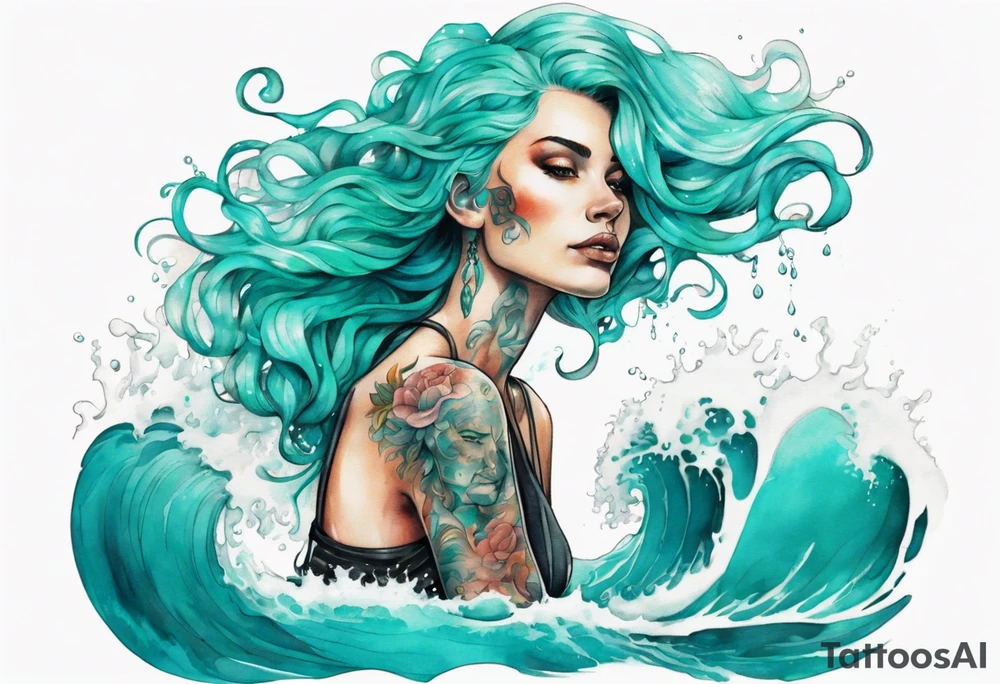 a tall woman made of water with turquoise hair sitting upon a wave tattoo idea