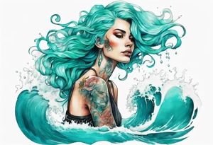 a tall woman made of water with turquoise hair sitting upon a wave tattoo idea