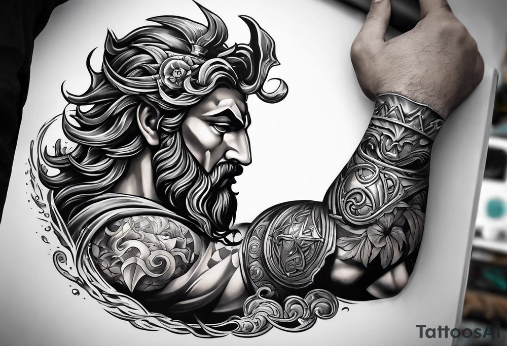 Elbow to wrist tattoo, with most of it being the god Poseidon. I want it to be very detailed. I would like it to flow from the tattoo above which has clouds as a background tattoo idea