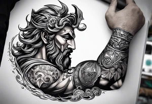 Elbow to wrist tattoo, with most of it being the god Poseidon. I want it to be very detailed. I would like it to flow from the tattoo above which has clouds as a background tattoo idea