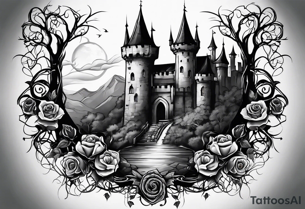 tattoo fool sleeve, old broken gothic castle, tree roots break out of the chains, roses tattoo idea