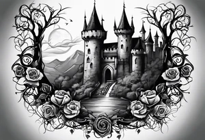 tattoo fool sleeve, old broken gothic castle, tree roots break out of the chains, roses tattoo idea