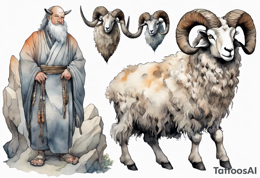 a solitary big-horned sheep with the arms and legs of a large man, wearing a grey tunic standing before a cave with cloven hooves for feet tattoo idea