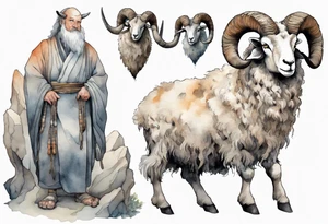 a solitary big-horned sheep with the arms and legs of a large man, wearing a grey tunic standing before a cave with cloven hooves for feet tattoo idea