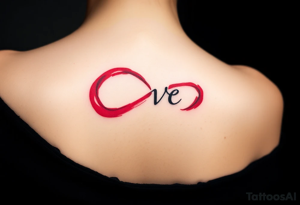 An artistic brushstroke infinity symbol in bold red and black ink, with "love" appearing as part of the flowing brushwork tattoo idea