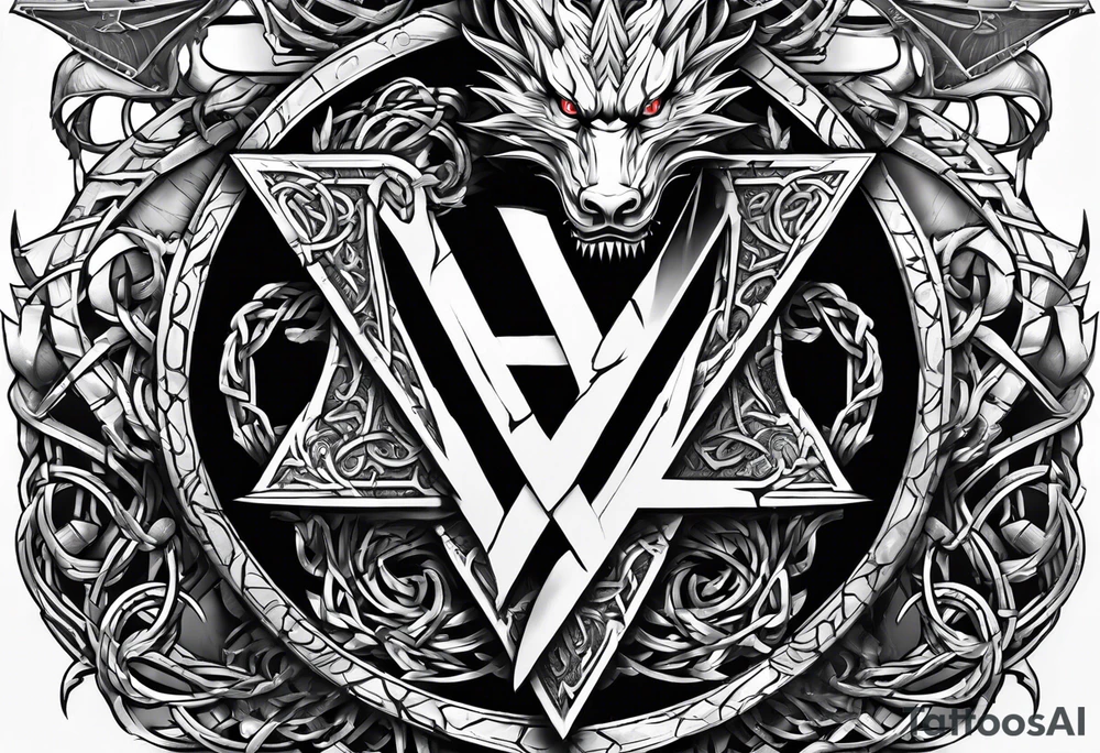 Valhalla sword shield dragon axe Valknut barbed wire chains tattoo idea