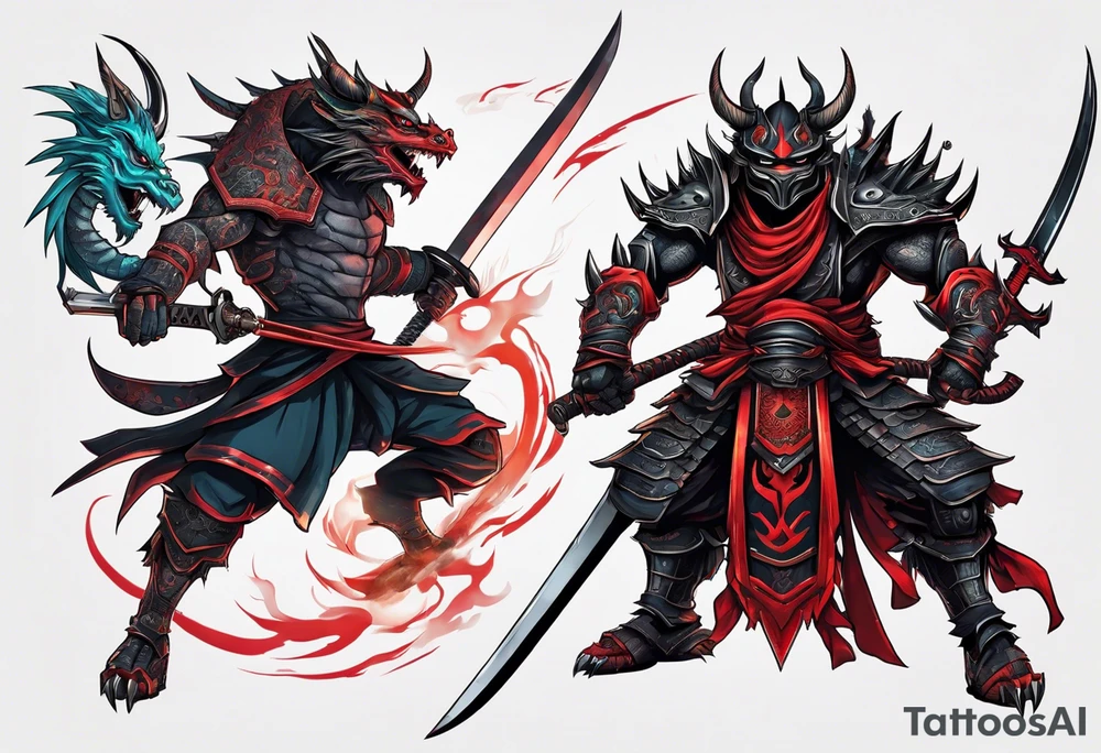 Angry robot demon ninja with demon mask with huge sword fighting dragon tattoo idea
