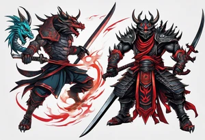 Angry robot demon ninja with demon mask with huge sword fighting dragon tattoo idea