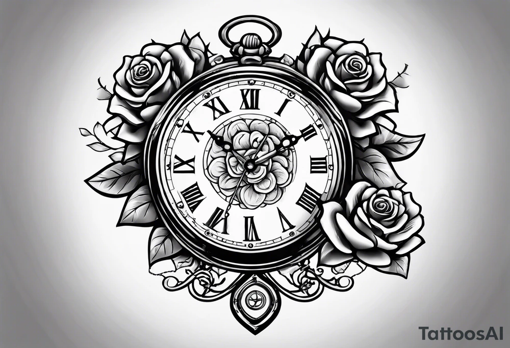 Pocket clock with chain and roses tattoo idea