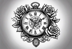 Pocket clock with chain and roses tattoo idea