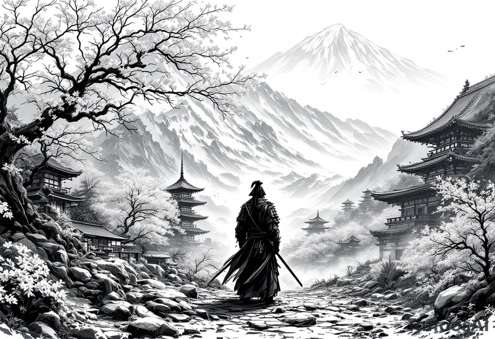 samurai standing at the base of a mountain in japan with cherry blossoms and japanese structures in the background tattoo idea