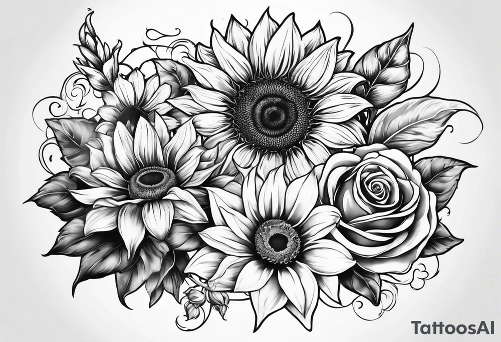Sunflower, Rose and Lily tattoo idea