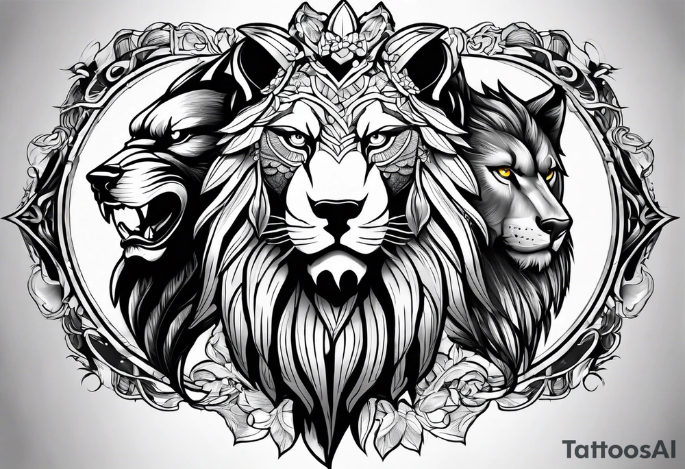 a eagle a lion and a wolf half face tattoo idea