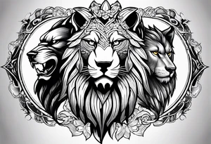 a eagle a lion and a wolf half face tattoo idea