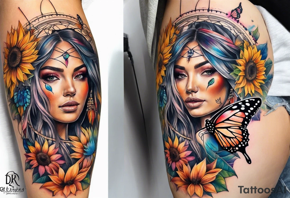 Quarter Leg sleeve with dreamcatcher, rainbow sunflowers and one butterfly tattoo idea